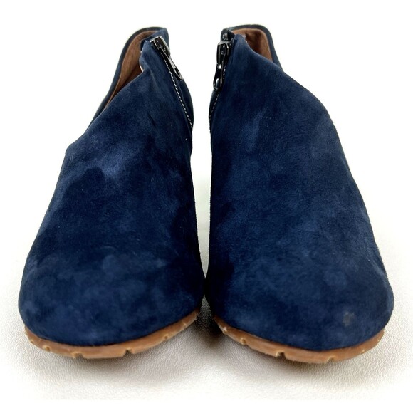 ALL BLACK Brand Booties Navy Suede Heels Asymmetrical Vamp Fashion Forward Sz 39 - Picture 3 of 11